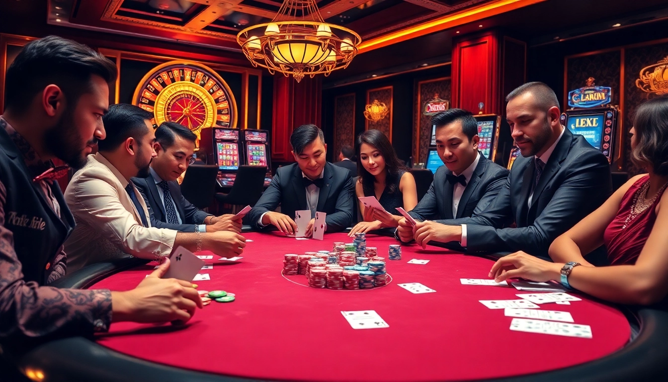 Exciting poker game at a luxurious casino theme inspired by NK88 with players analyzing their hands.