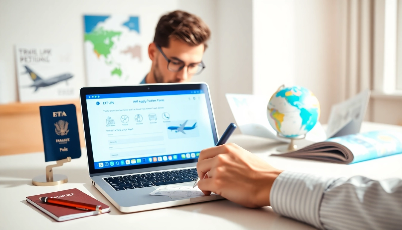 Fill out the eta uk application form at a bright workspace featuring travel essentials.