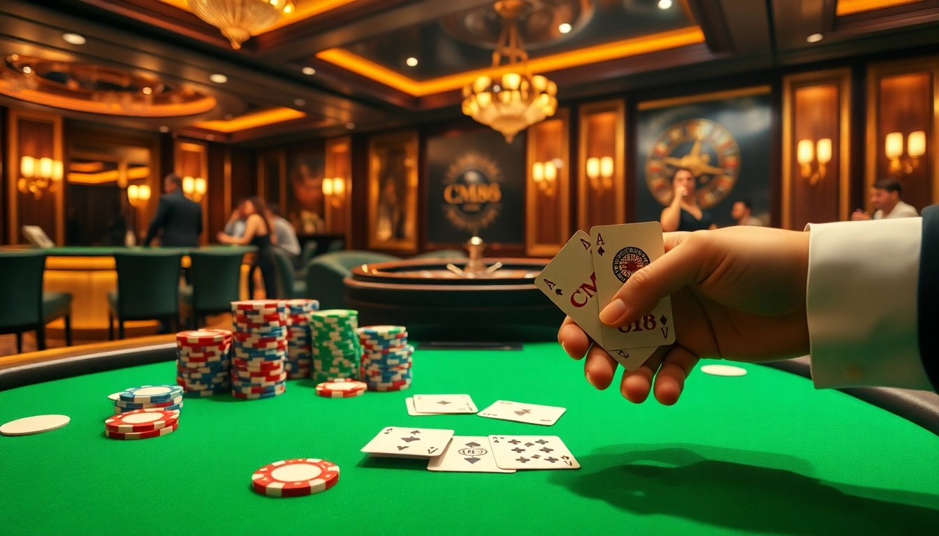Experience high-stakes poker excitement with CM88-themed vibrant casino scene showcasing luxury.