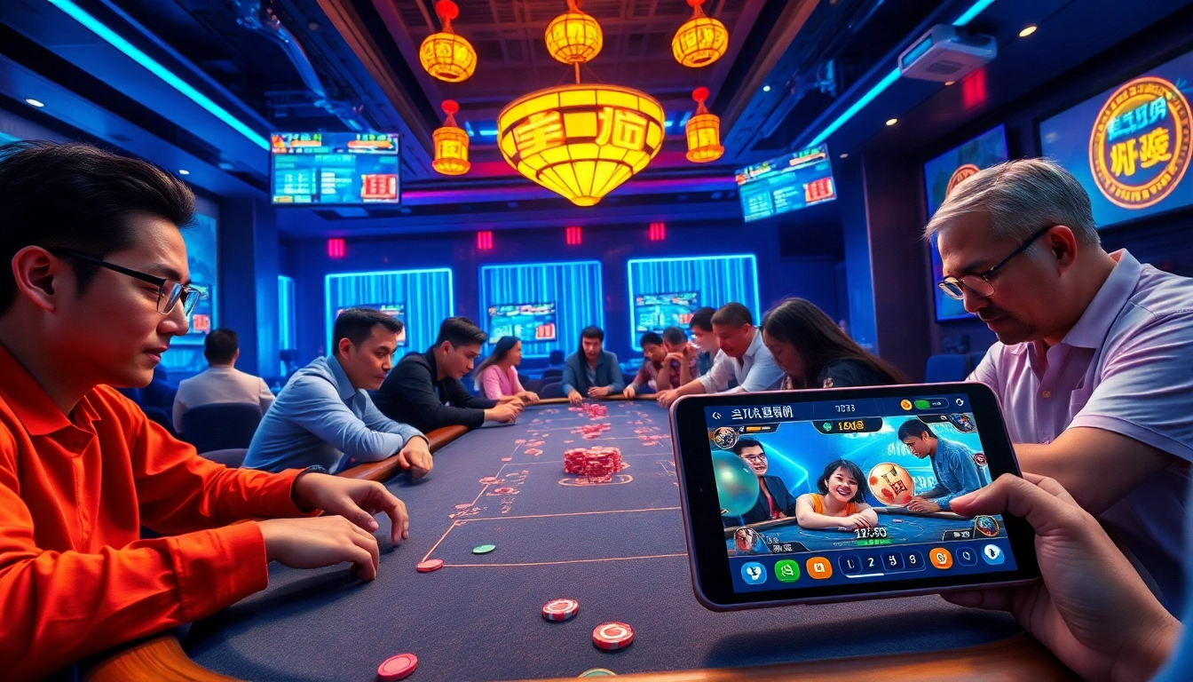 A vibrant and interactive gaming scene for taixiumd5pro showcasing players engaged in Tài Xỉu MD5, complete with chips and digital displays.