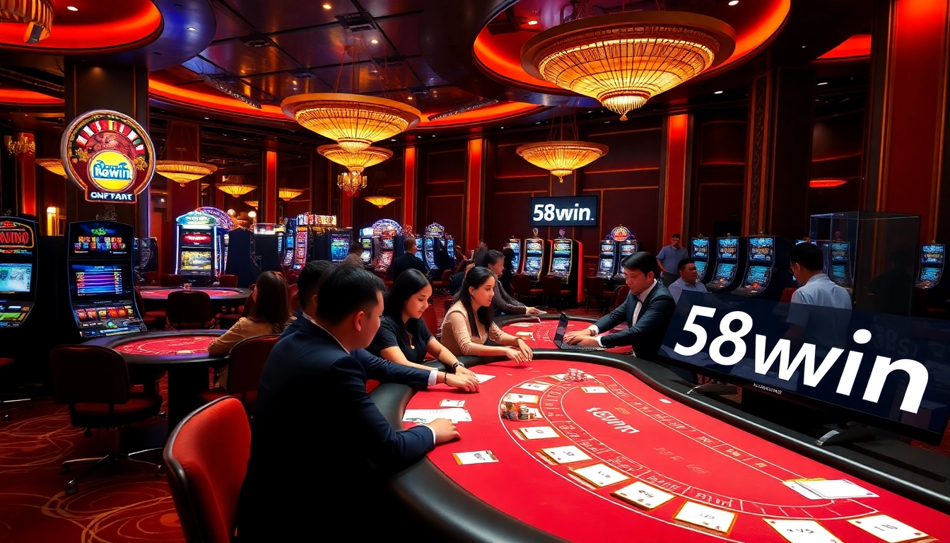 Players enjoying various games at 58win's vibrant casino floor with slot machines and poker tables.