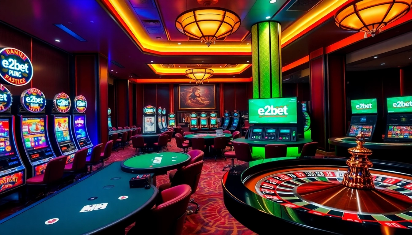 e2bet's vibrant casino scene showcasing exciting games like slots and roulette.