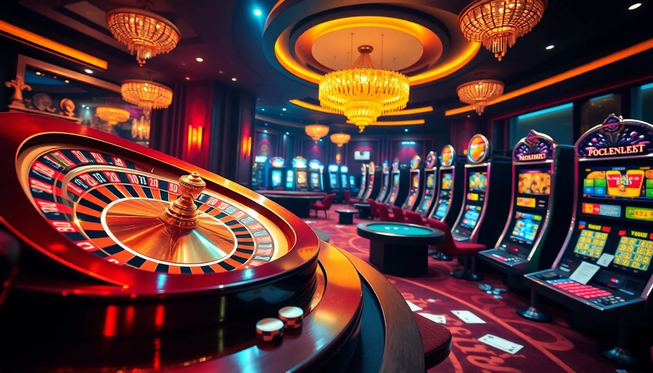 Engage with i9bet online gaming experience in a luxurious casino ambiance featuring roulette wheels and poker tables.