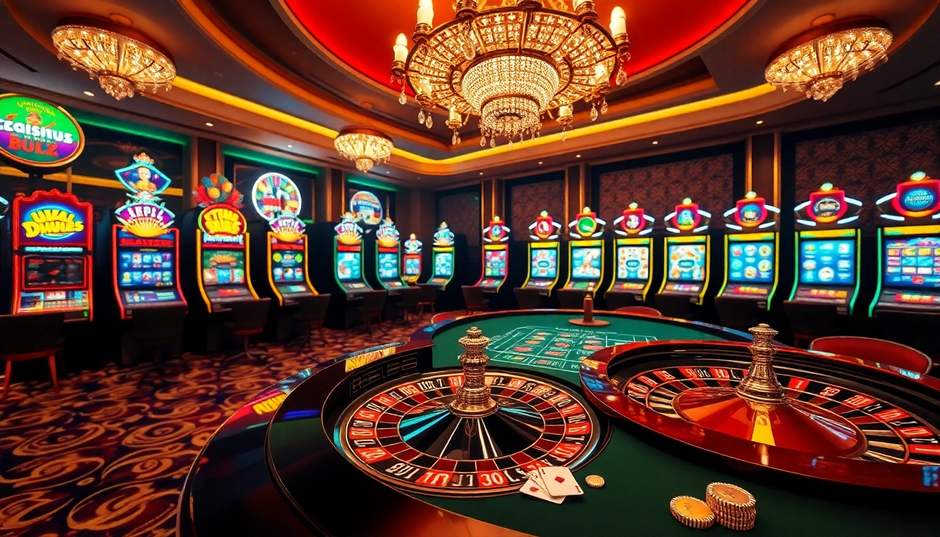 Spectacular view of a luxurious casino atmosphere promoting https://jun88.buzz/ with roulette, poker table, and vibrant slot machines.