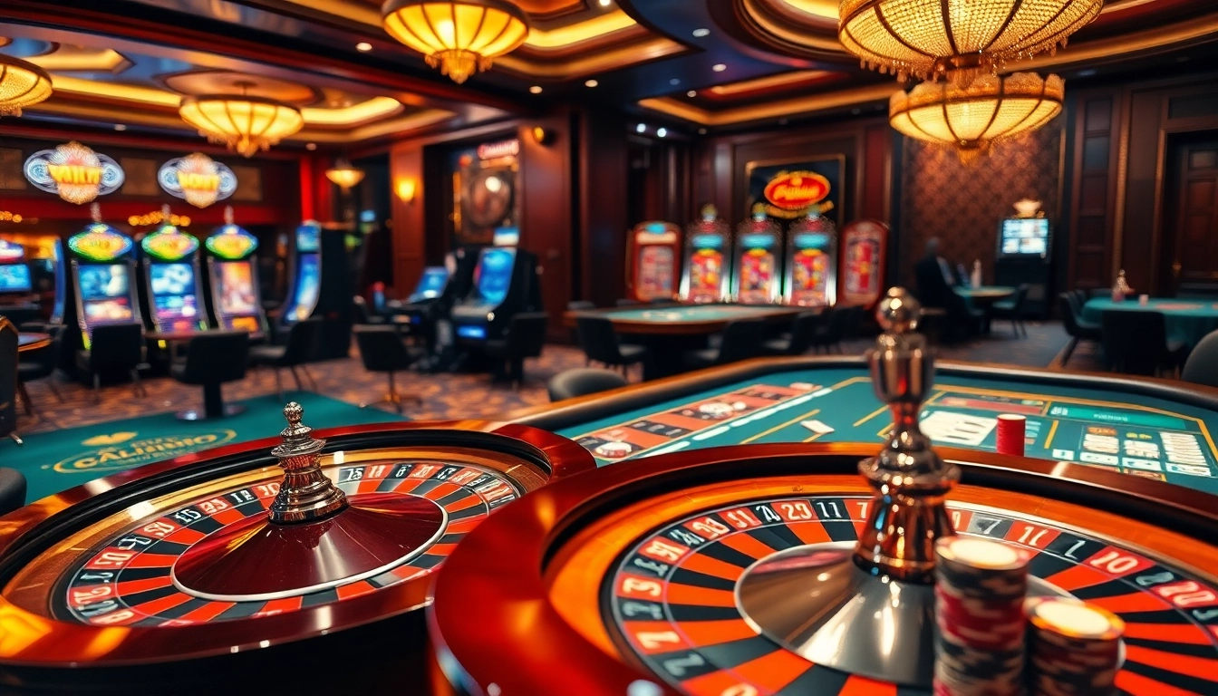 Engaging view of a vibrant casino with kèo nhà cái 5 betting elements, stunning roulette wheel, and poker table.