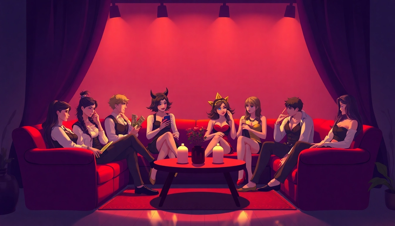 Engaging scene of nsfw roleplay in a cozy chat room with diverse characters in playful dialogue.