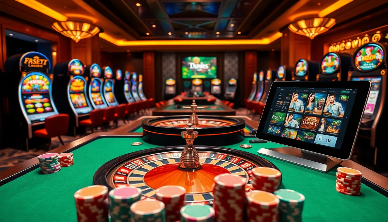 Experience the thrill of betting at thabet77 with vibrant casino games, poker chips, and roulette wheel excitement.