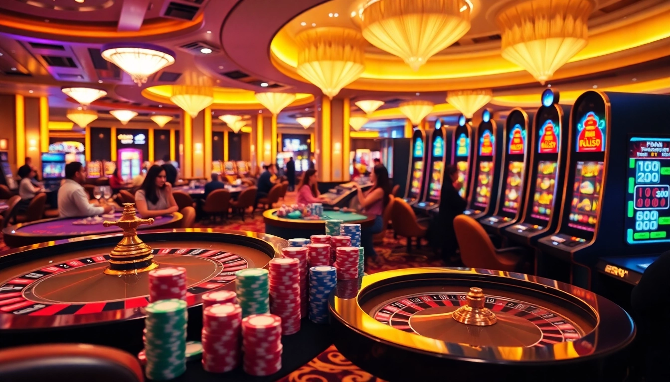 Players enjoying thrilling games at au88bet.it.com casino, featuring vibrant tables and colorful poker chips.