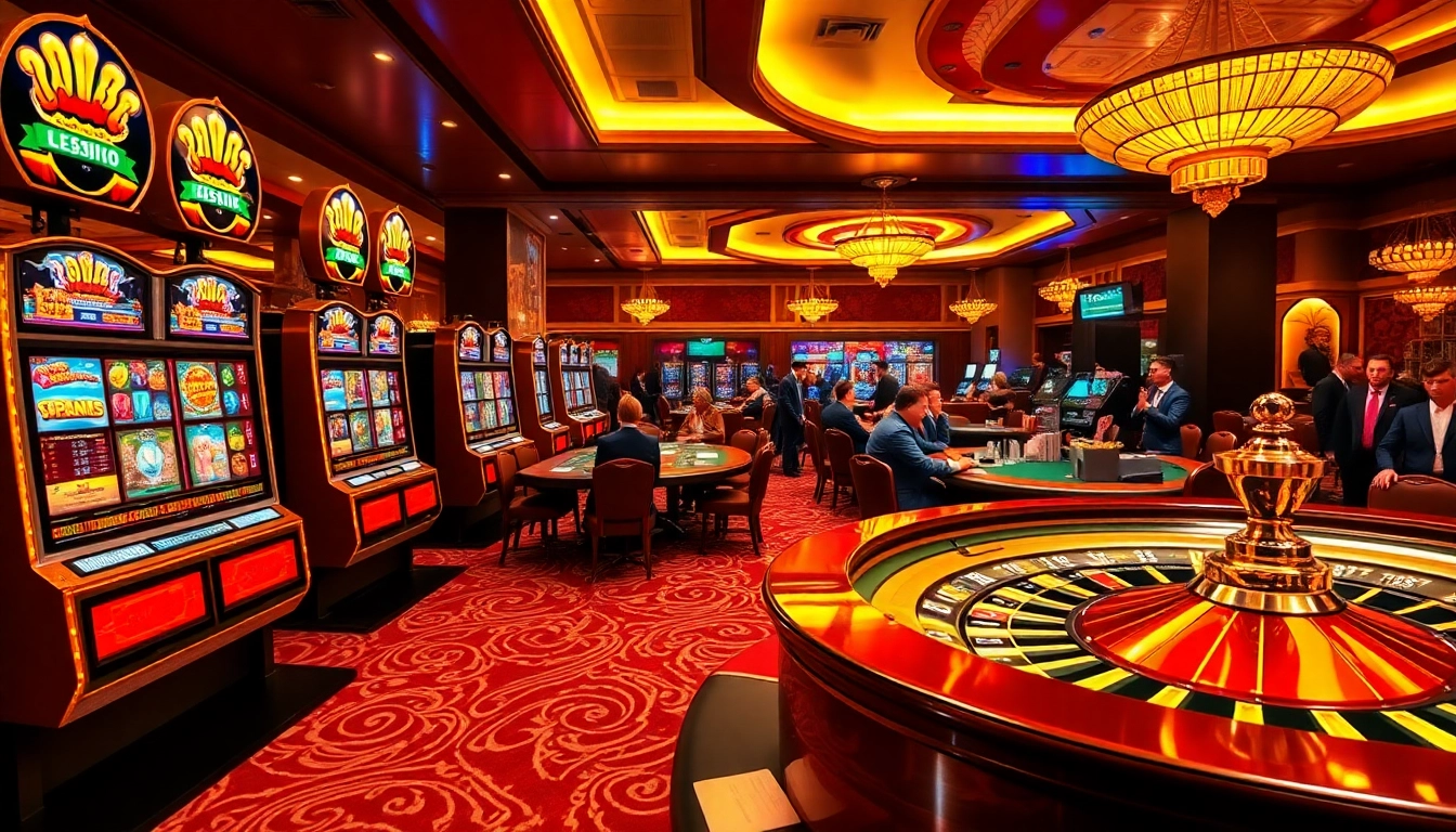 Players enjoy high-stakes action at LUCK888 casino, featuring vibrant slot machines and elegant gaming tables.