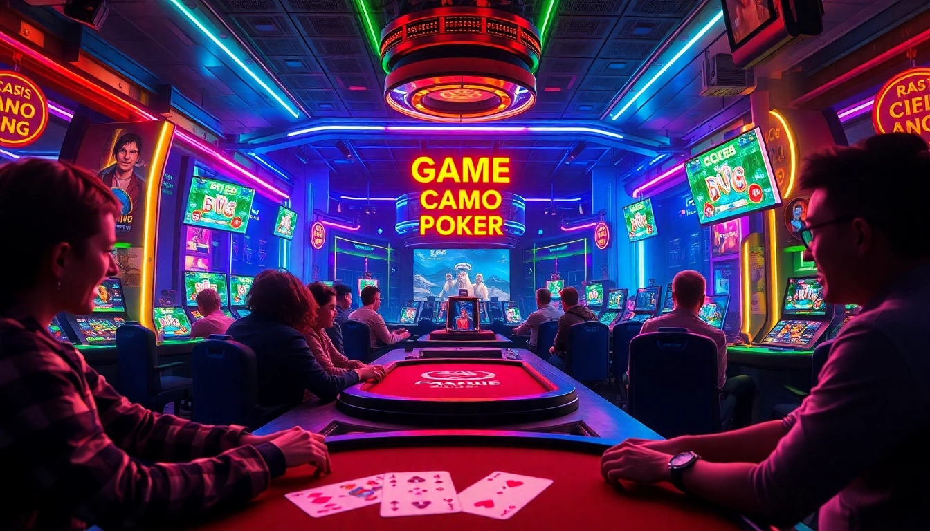 Dynamic online gaming scene depicting game bài đổi thưởng with vibrant lights and engaging card games.