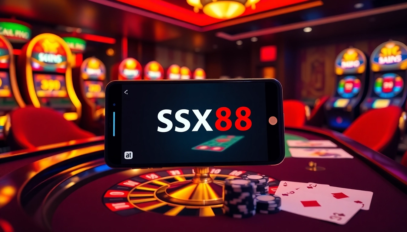 SX88 app displayed amidst casino games, showcasing excitement with roulette, cards, and chips.