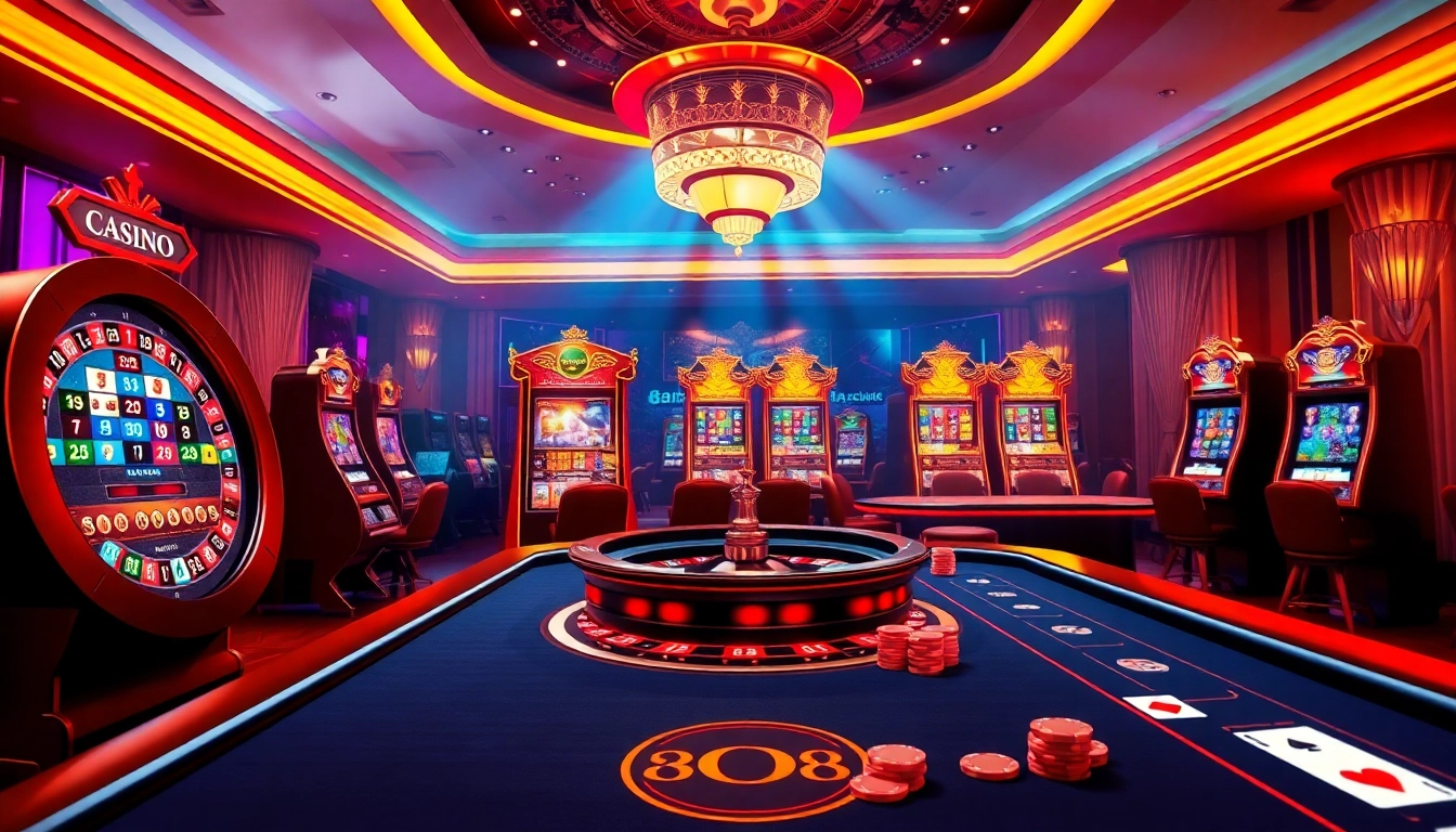 Engage with cm88 trang chủ by exploring a vibrant casino scene featuring roulette and slot machines.