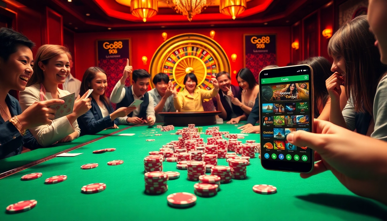 Excited players enjoying a game at the Go88 online casino, showcasing vibrant poker chips and a roulette wheel.