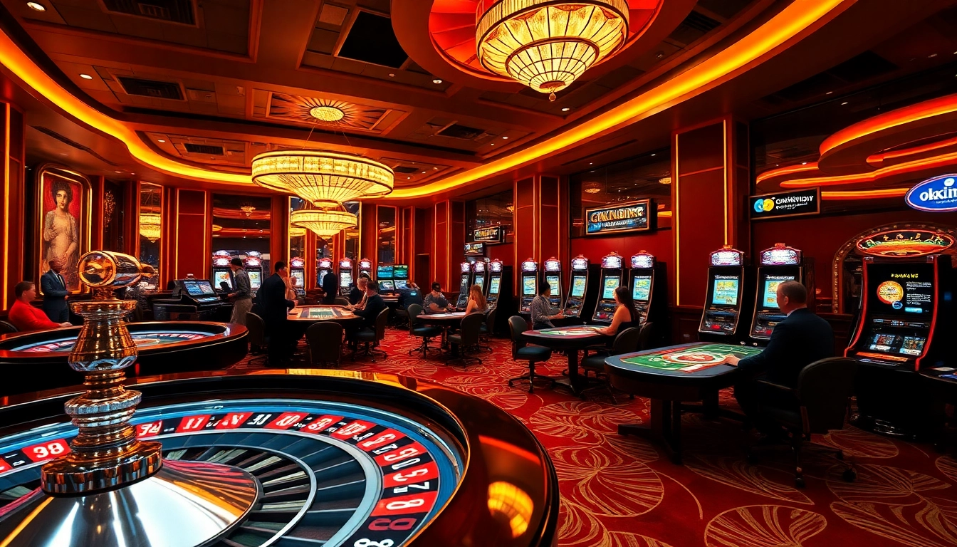 Players enjoying a high-stakes game at okking.group's luxurious casino setup with roulette and poker.