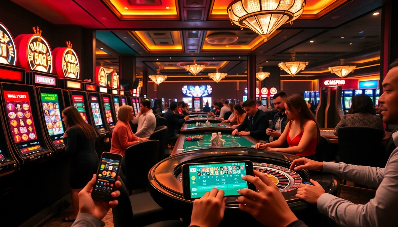 Engaged players enjoying gaming on the app okfun at a vibrant casino setting.