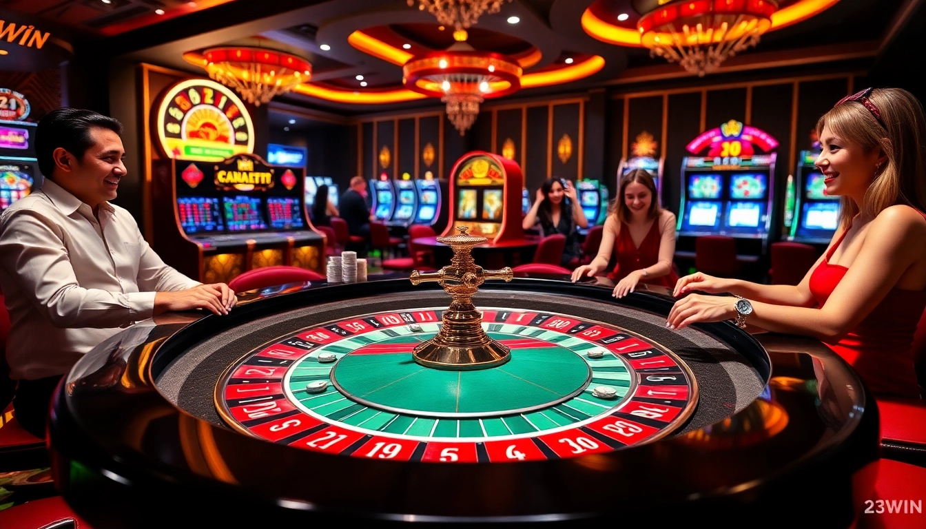 Exciting gameplay at 23WIN casino featuring roulette and vibrant slot machines