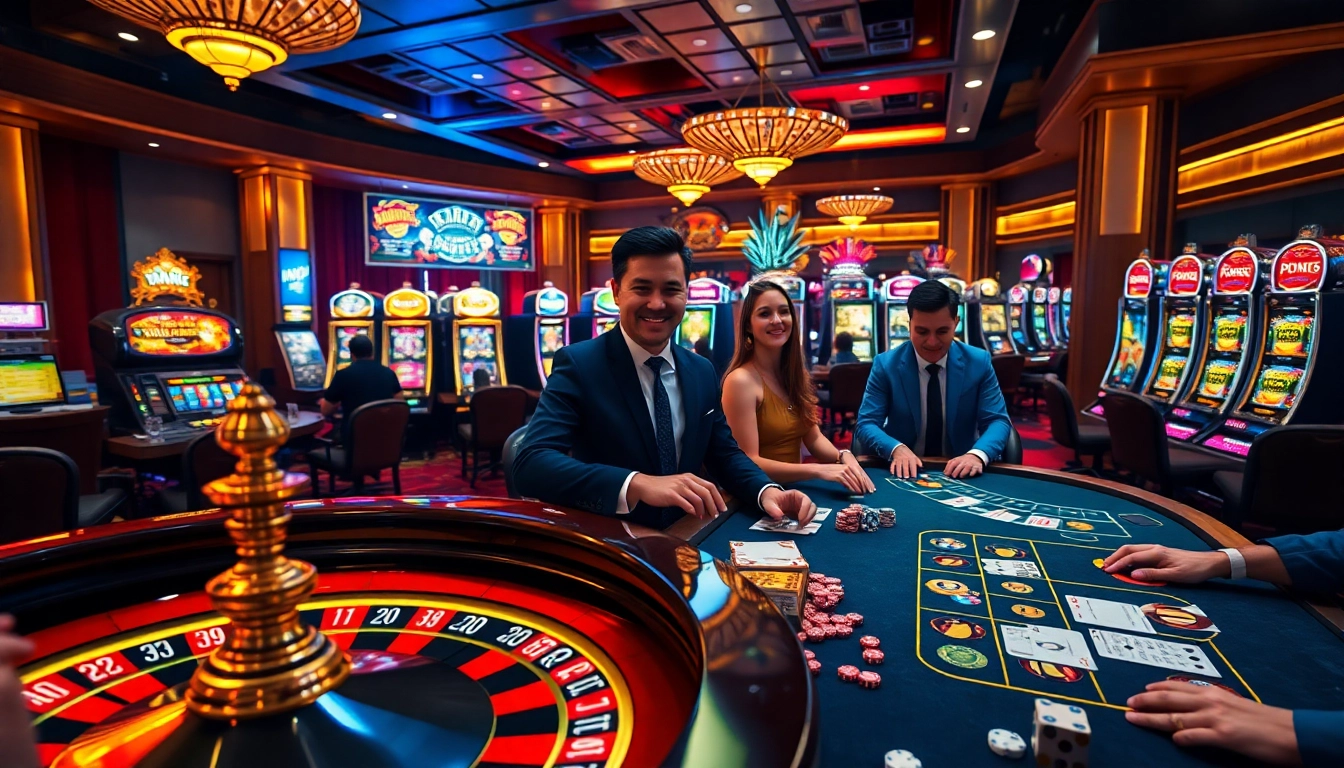 Experience the thrill of DN88 with players joyfully engaging in casino games, showcasing excitement and luxury.
