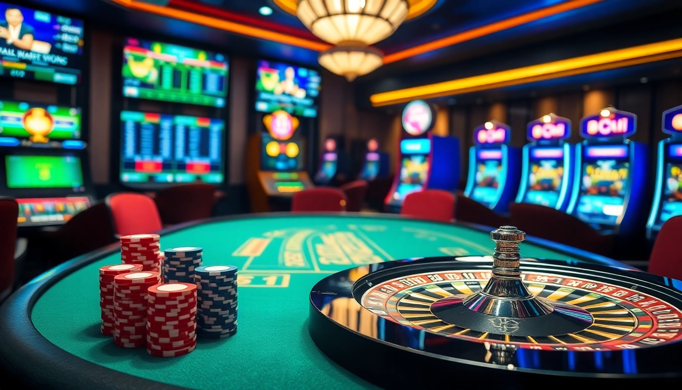Experience the thrill of Luckywin at a vibrant poker table with dazzling chips and roulette wheel.