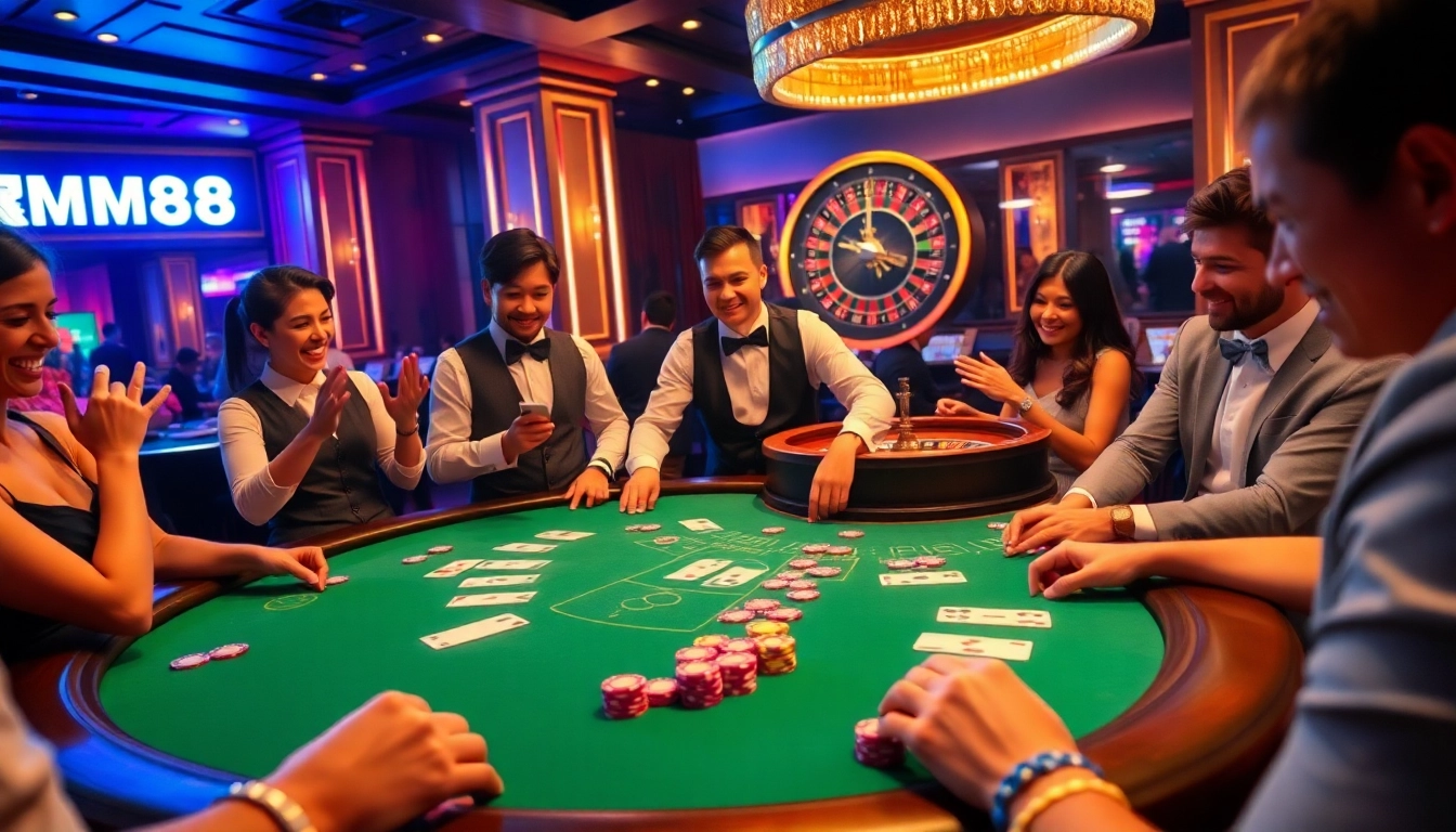 Players enjoying a thrilling poker game at MM88 casino, surrounded by vibrant gaming elements.
