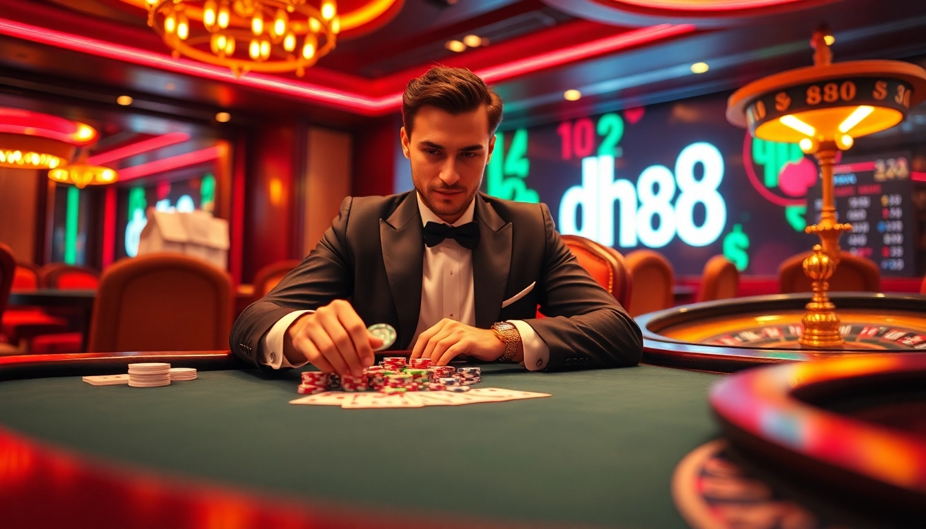 Experience the thrill of high-stakes poker at dh88 with vibrant casino elements and a winning atmosphere.