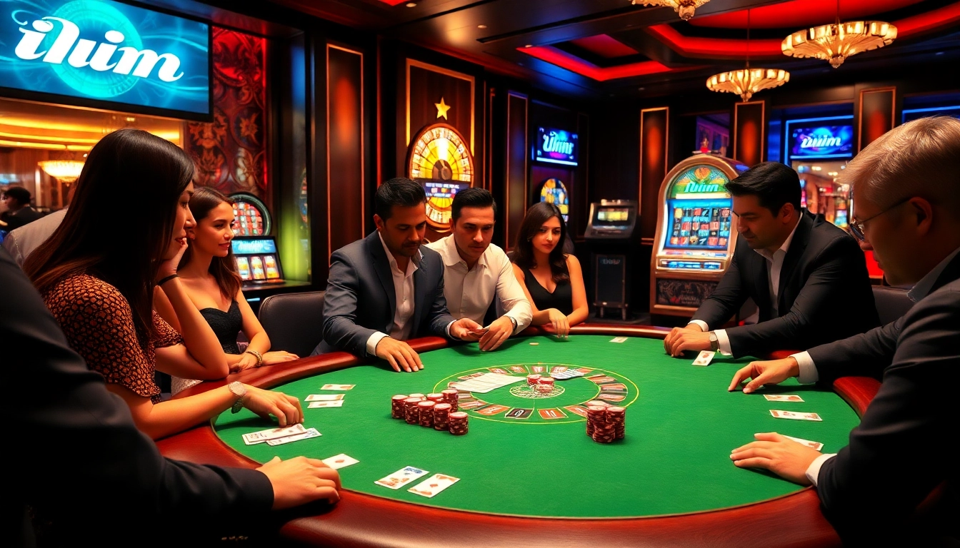 Experience the excitement of iwin while players strategize at a glamorous casino poker table.