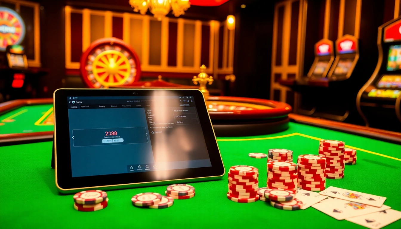 Experience the thrill of logging in to LC88 with stylish poker tables and vibrant gaming atmosphere.