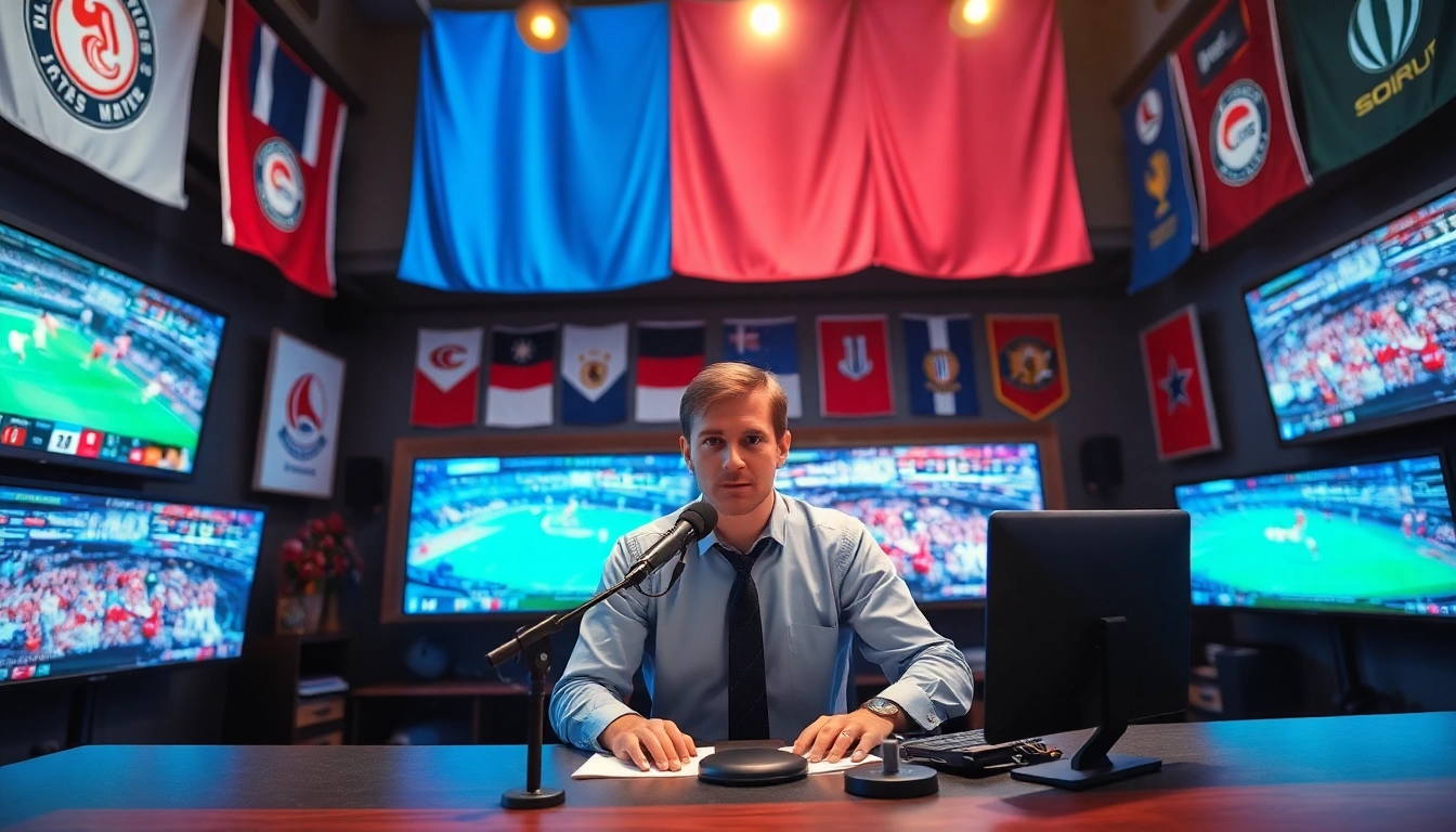 Announcer passionately engaged in sports broadcasting, bringing excitement to the event.