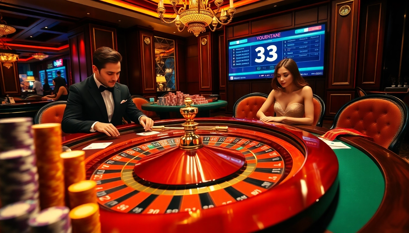Players enjoying high-stakes gaming at 33win's luxurious casino roulette table.