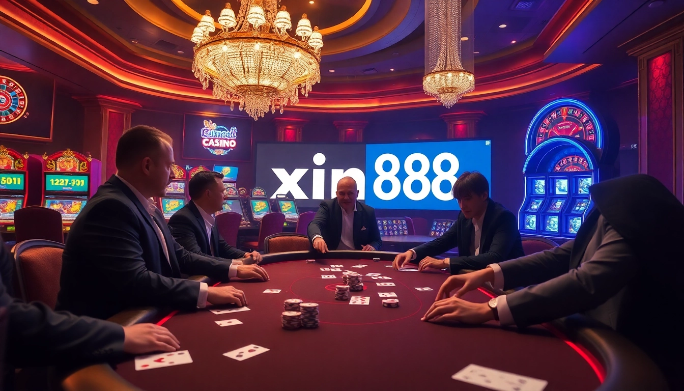 Players strategizing at a lavish poker table in an exciting xin88 casino atmosphere.