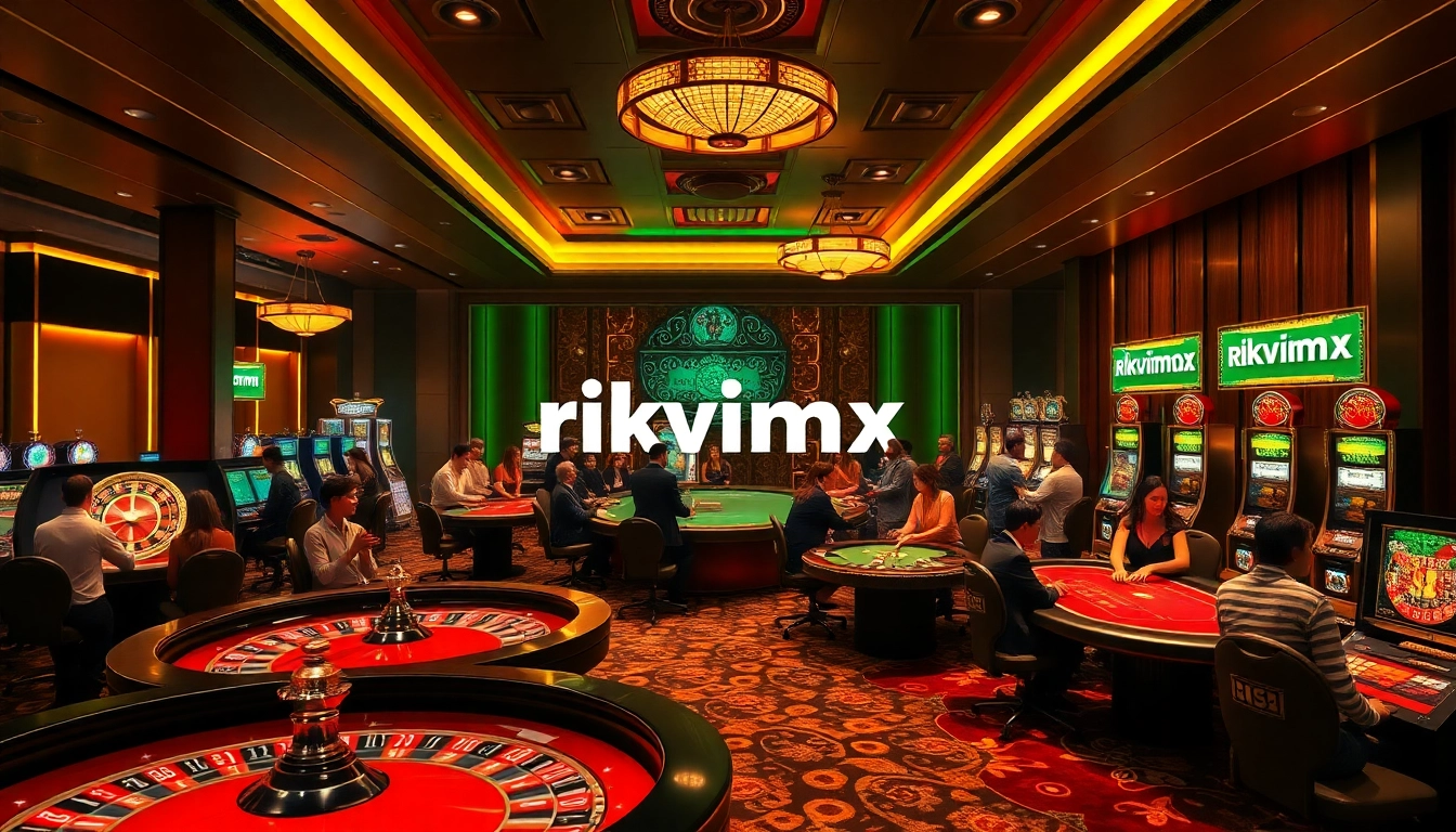 Exciting casino scene showcasing diverse players at tables, with the brand rikvip.mx prominently displayed.