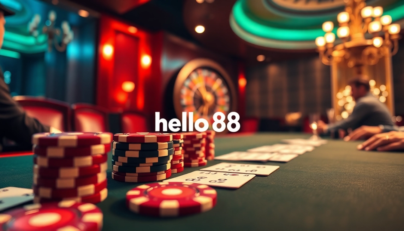 Players enjoy a thrilling poker game at a luxurious casino table featuring hello88 themed poker chips and cards.
