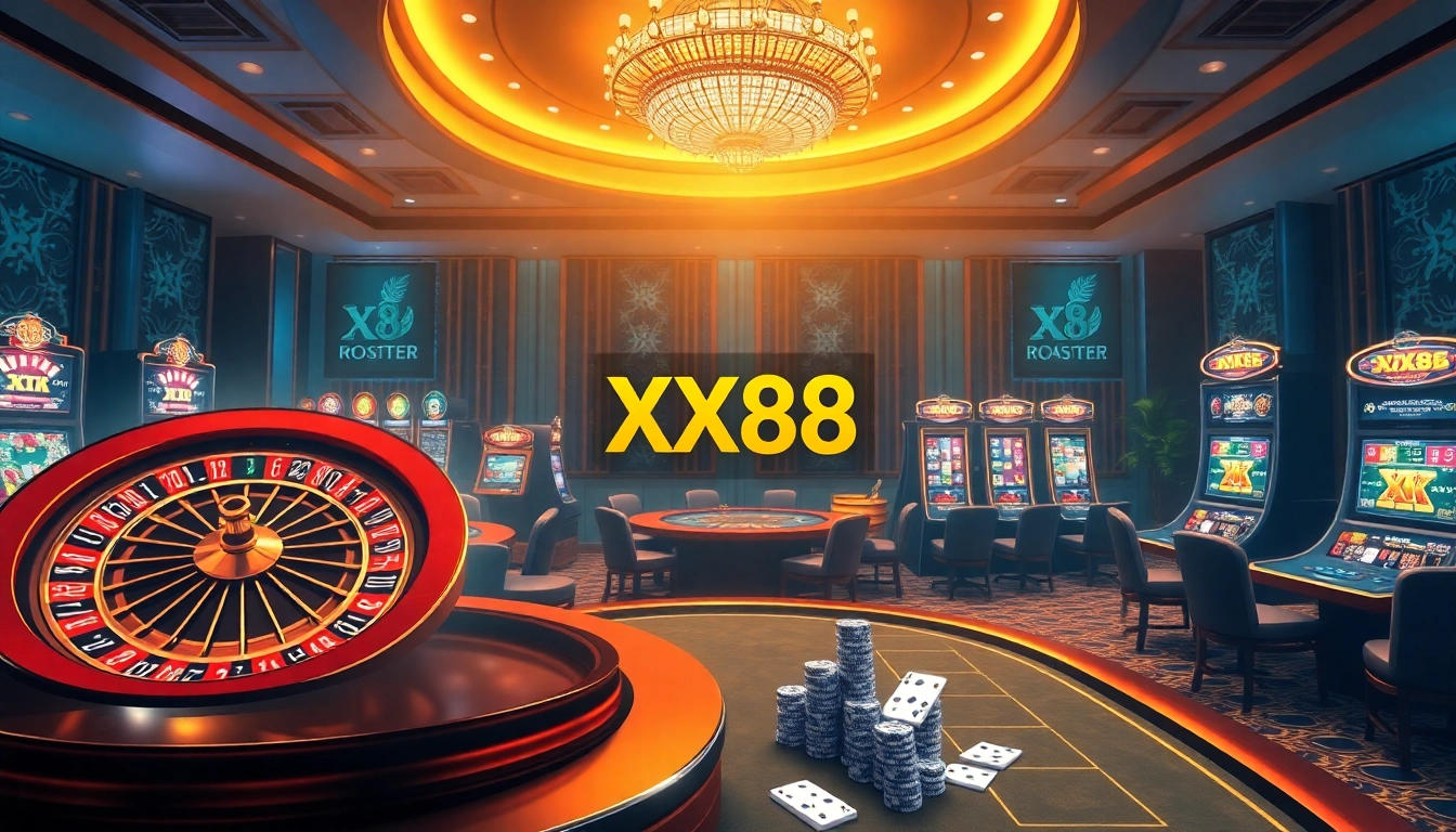 Betting action at nhà cái XX88 with vibrant slot machines and an elegant roulette wheel.