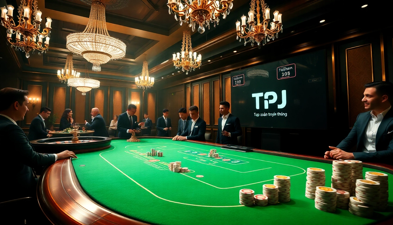 The Tập đoàn truyền thông TPJ logo shines amidst a luxurious casino gaming atmosphere, showcasing a high-stakes poker table and roulette wheel.