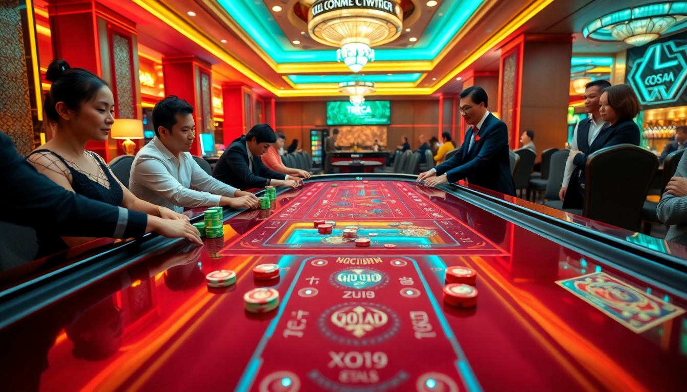 Xóc Đĩa gambling table with players placing bets in a luxurious casino setting.
