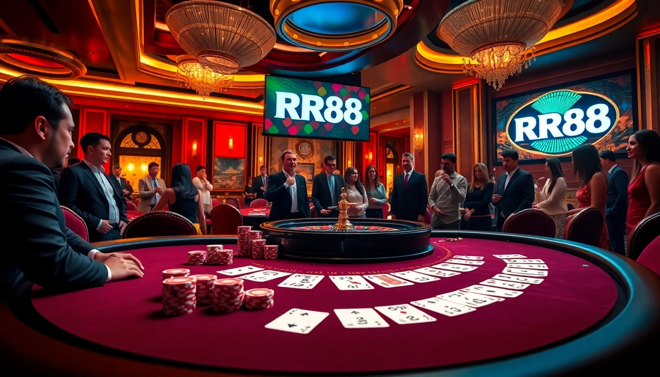 Experience the thrill of RR88 with an upscale poker scene featuring vibrant chips and elegant decor.