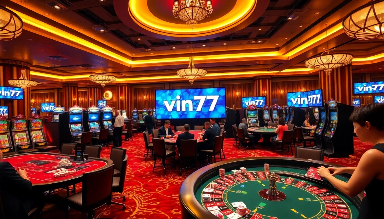 Exciting casino scene with players enjoying vin777, vibrant tables and engaging atmosphere.