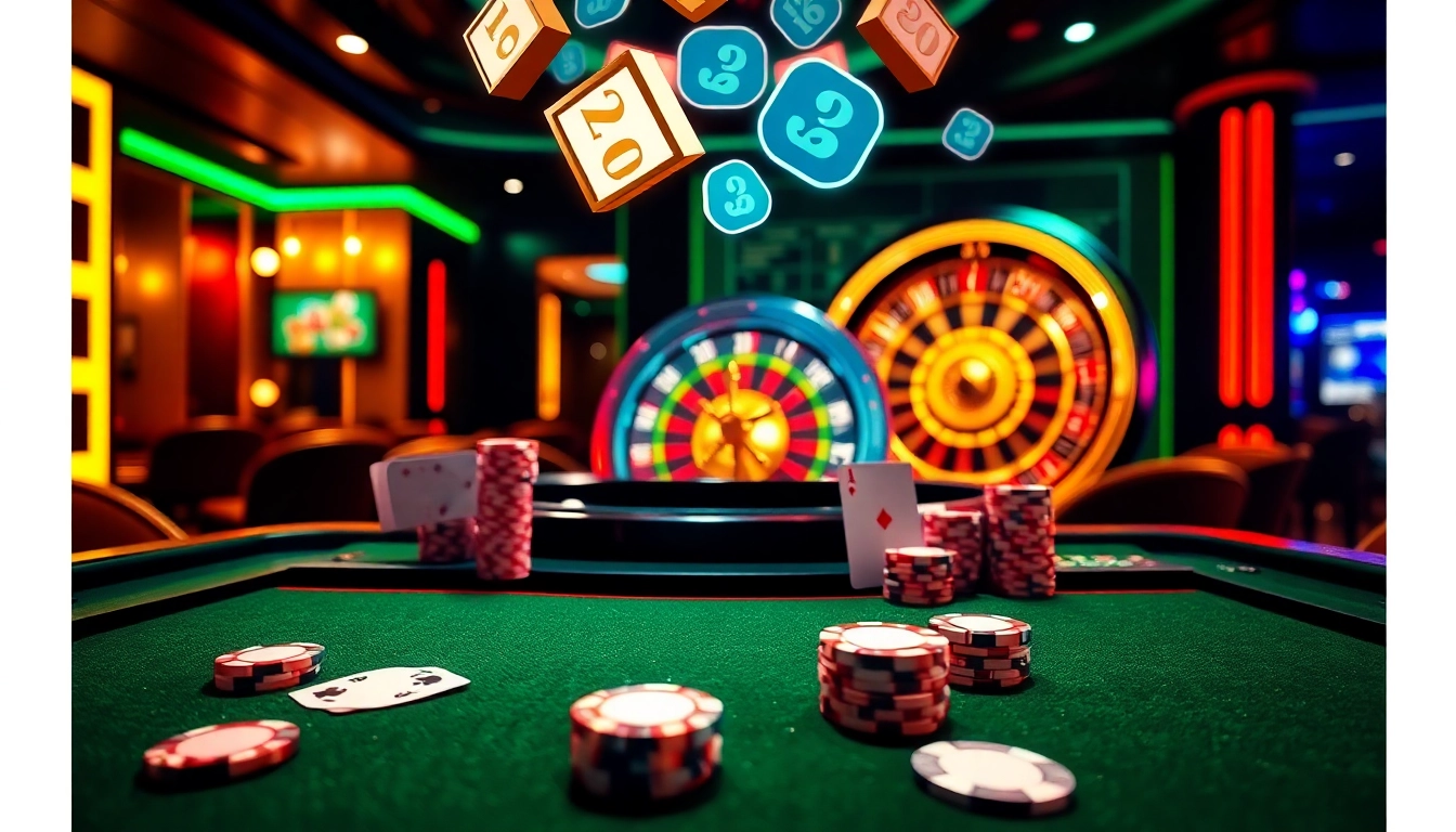 Exciting scene of casino gameplay showcasing poker chips and cards at https://tr88.baby/ with vibrant lighting and luxury decor.