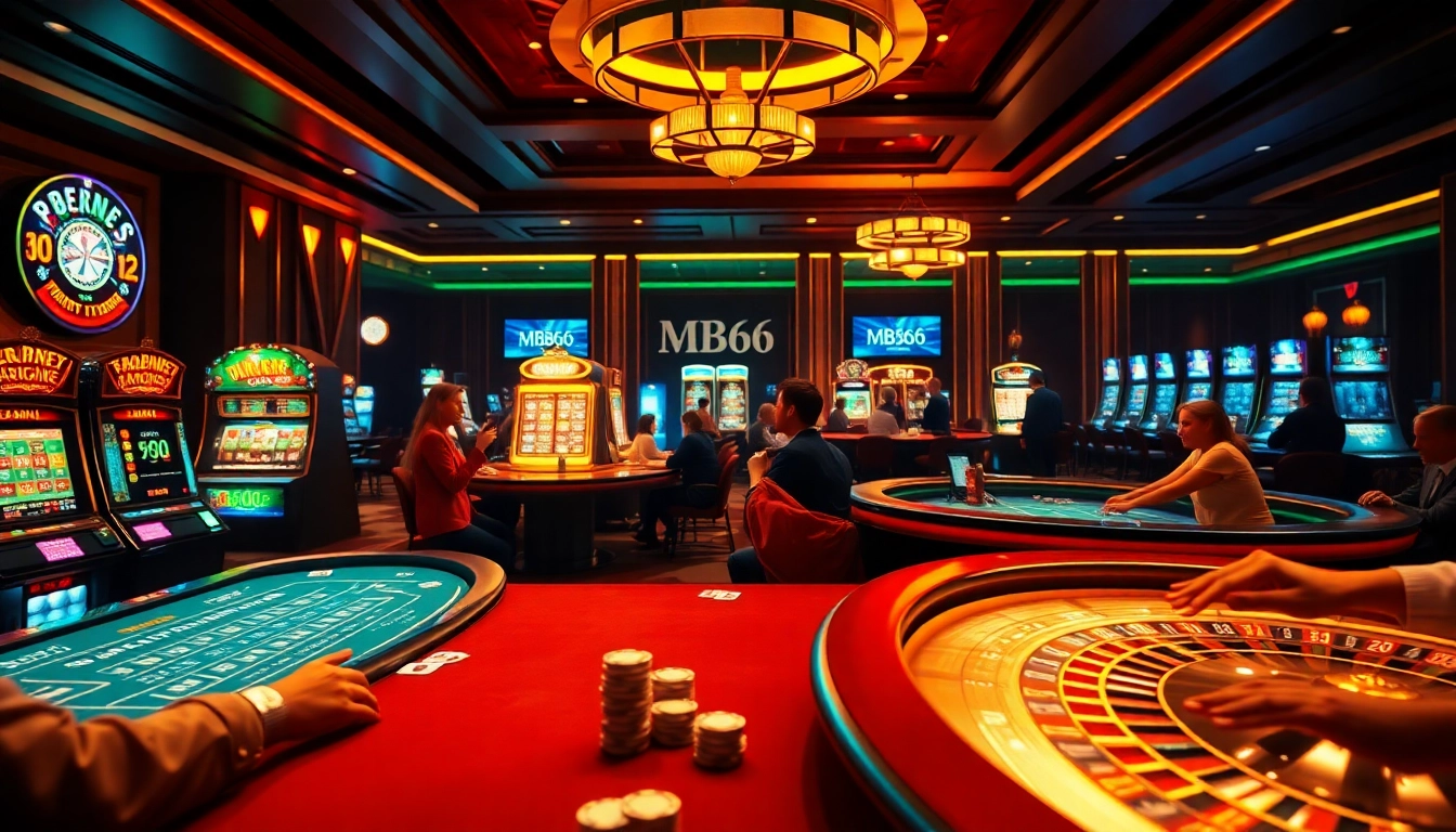 Experience the thrill of MB66 in an upscale casino with players at vibrant tables and dazzling slot machines.