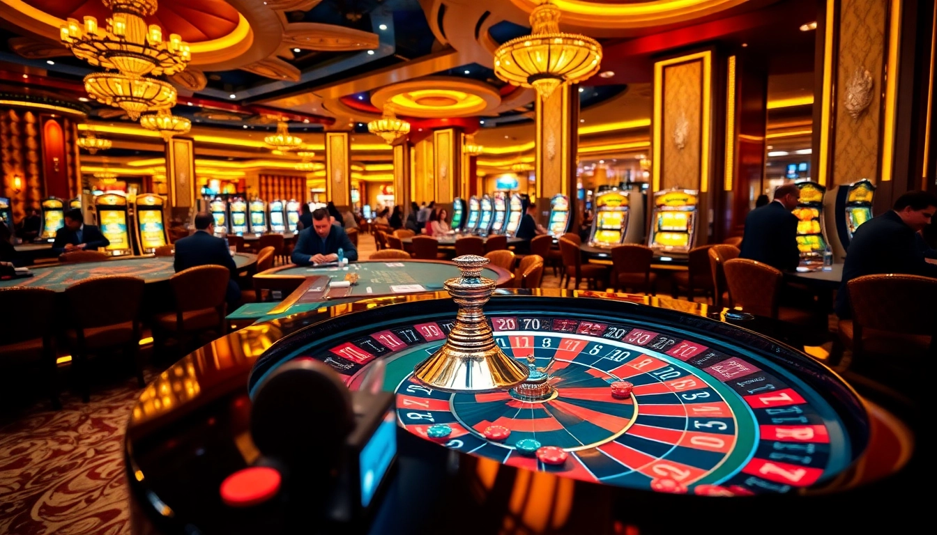 A thrilling casino scene featuring alo 789 with vibrant tables and players engaging in exciting games.