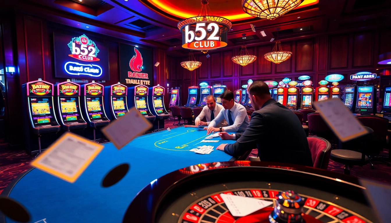 Players enjoying intense poker action at the b52club gaming table in a luxurious casino.