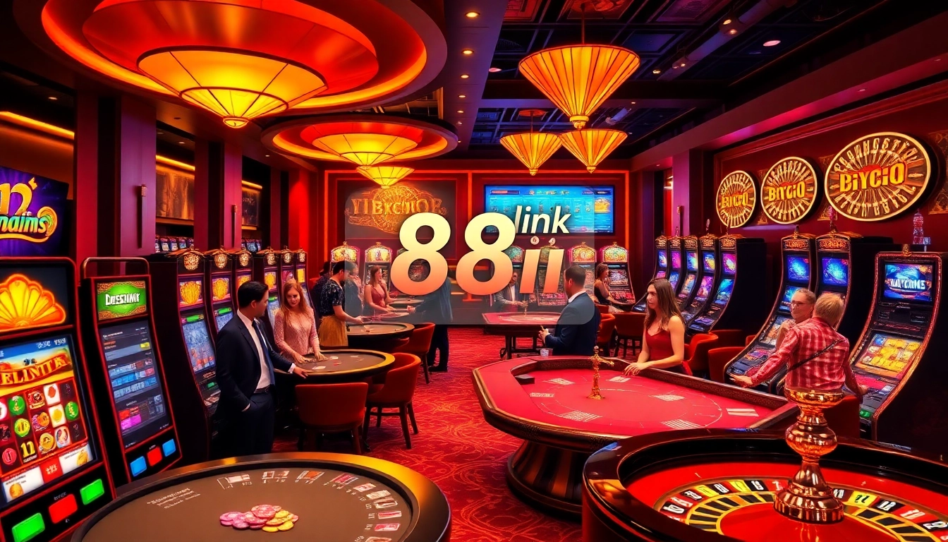 Engaging gamblers enjoying diverse games with link 88i prominently featured in a luxurious casino setting.