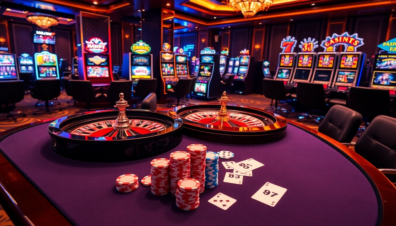 Experience the excitement at https://kk55.host/ with a luxurious casino setup featuring poker tables and roulette wheels.