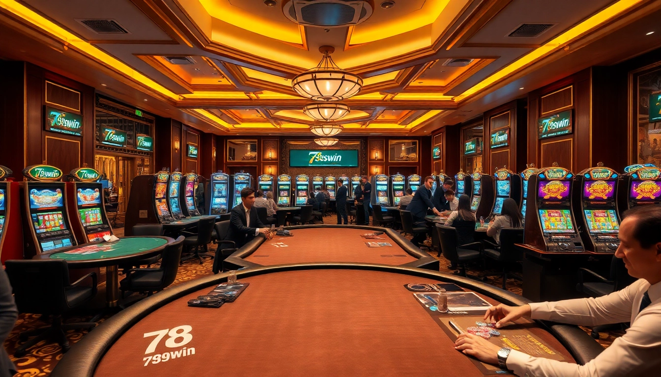 Exciting gaming scene at 789win casino with poker tables, slot machines, and vibrant atmosphere.
