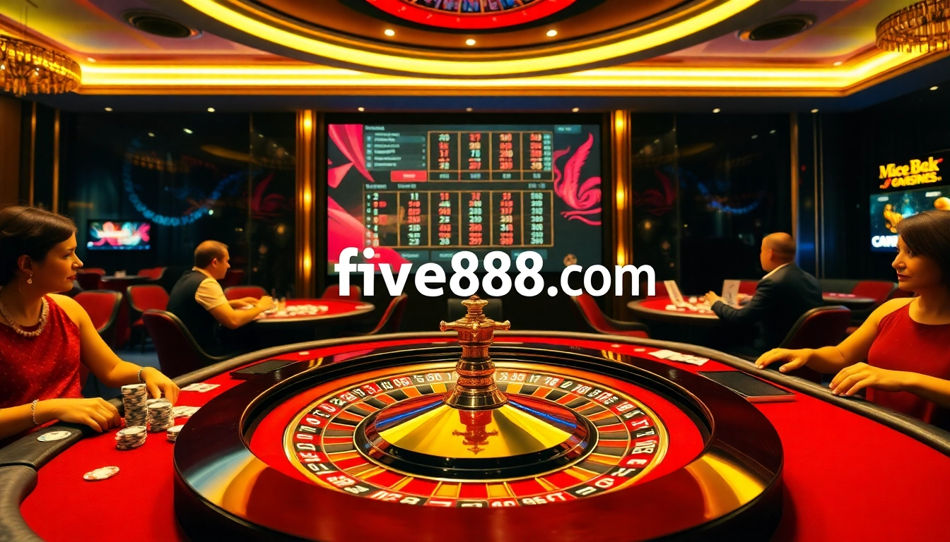 Experience thrilling gameplay with five88 com at a vibrant casino table featuring poker chips and roulette.