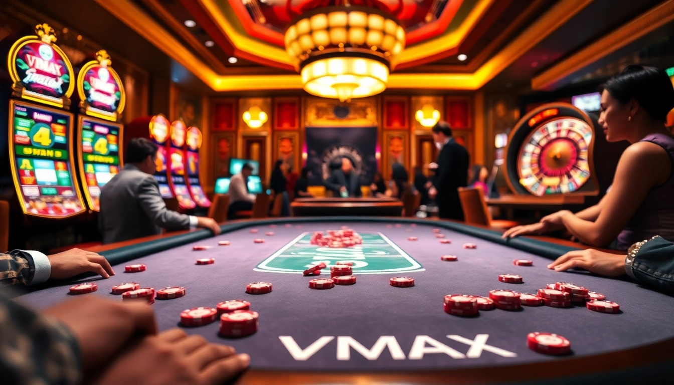 VMAX poker table scene with players engaged in high-stakes gameplay and vibrant slot machines.