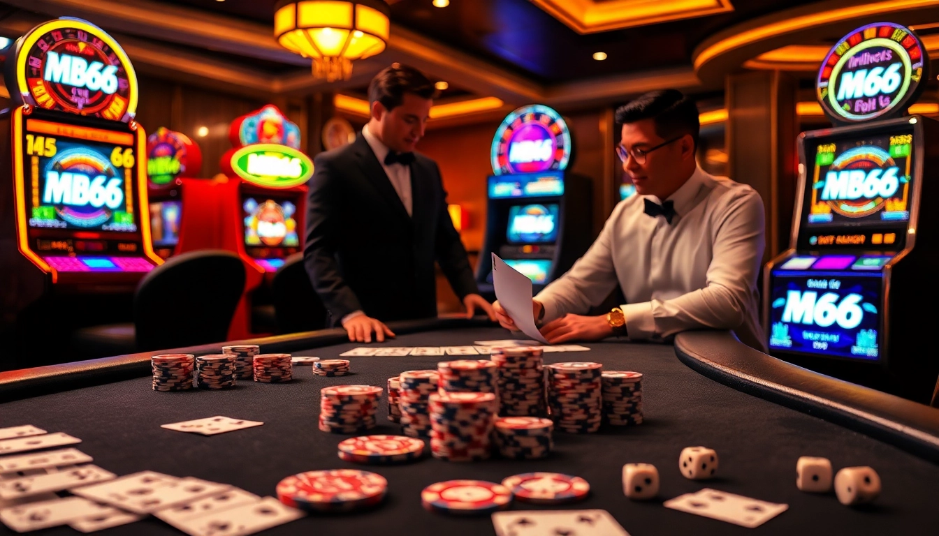 Experience the thrill of gambling at an MB66 casino with vibrant poker tables and glowing slot machines.