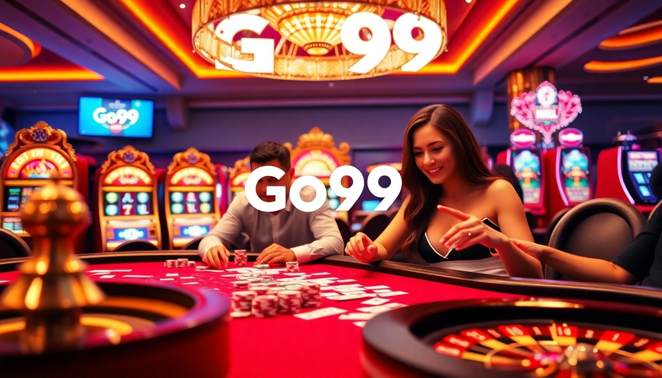 Players engaging at Go99 casino tables, colorful chips and cards enhancing the gaming excitement.