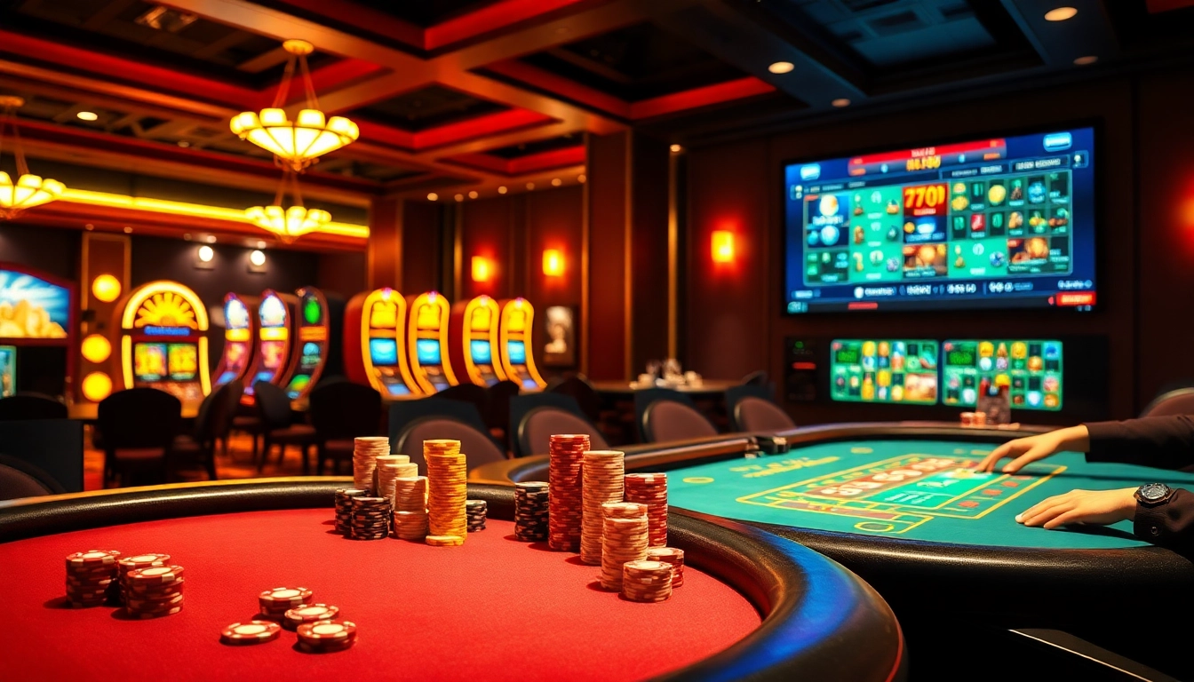 Engage in thrilling casino gaming action with mb 88 showcasing vibrant slot machines and poker tables.
