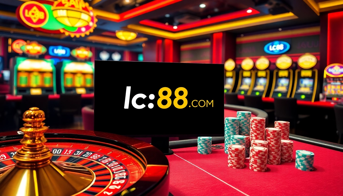 Experience thrilling gaming at lc88.com with luxurious casino tables and vibrant slot machines.
