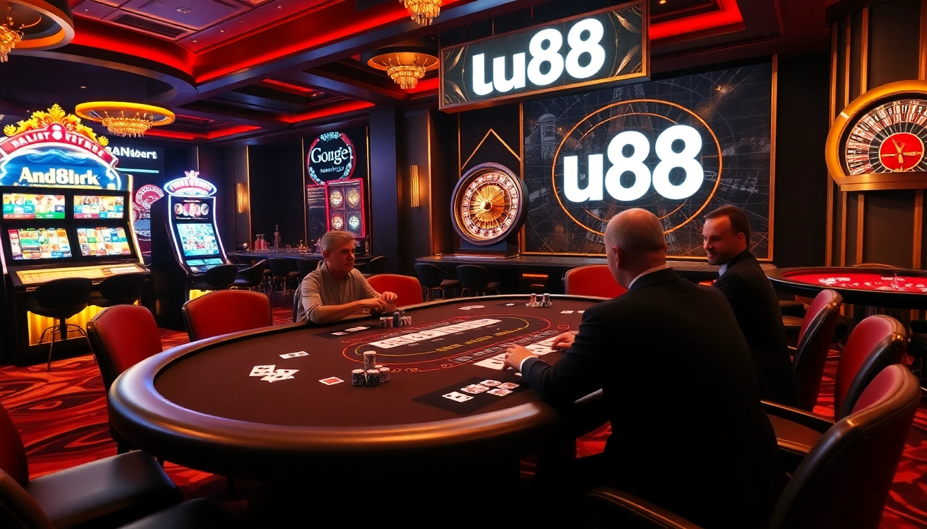 Experience the excitement of u88 at a vibrant casino table game with engaged players and dazzling slot machines.
